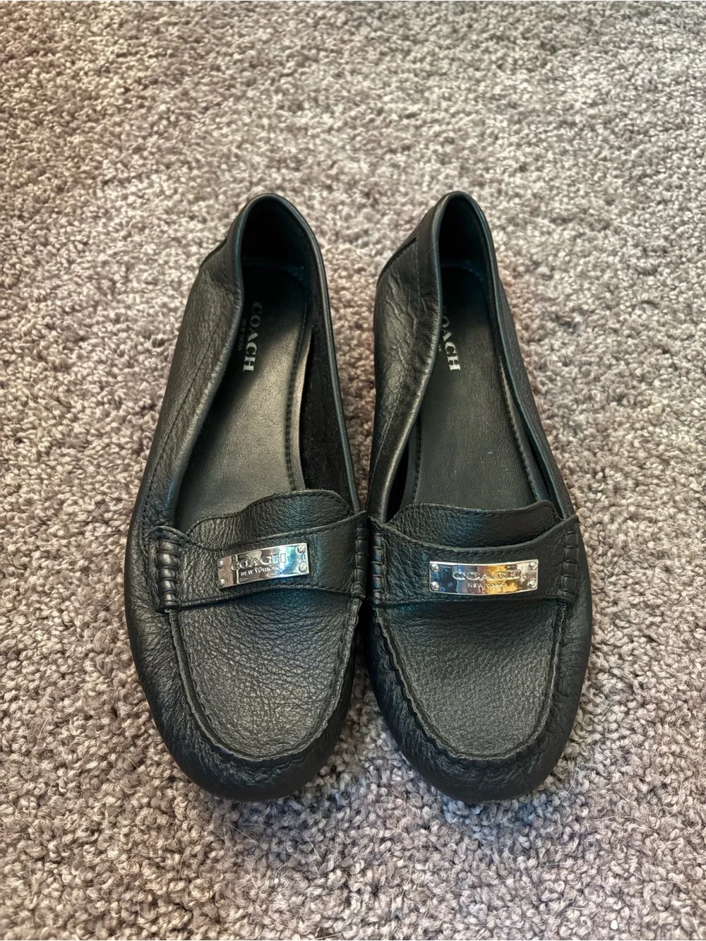 Coach Black Pebbled Leather Fredrica Women's Loafers with Silver Plaque - Picture 2 of 6